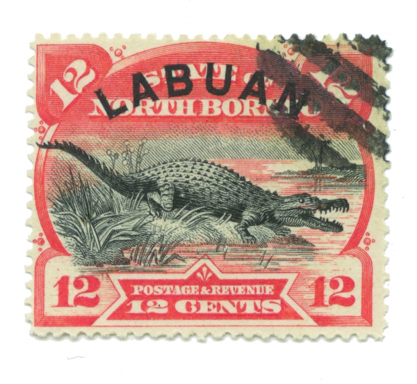 1894. 북보르네오에서 같은 해에 발행한 우표 위에 가쇄. 도안은 바다악어. [사진=흐름출판]